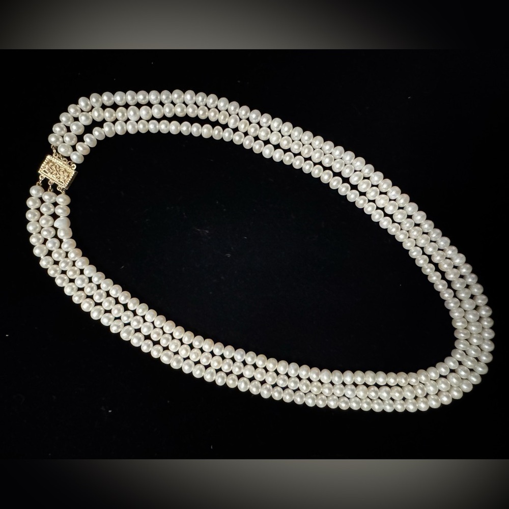 14k Yellow Gold 3 Strand Freshwater Pearl Estate Heirloom Necklace (105)